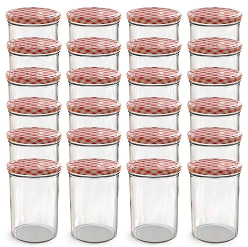 Opuec Lot de 24 bocaux 440 ml couvercle à visser TO 82 rouge carreaux - Parfait pour confitures, confitures et plus, grands bocaux couvercle, idéal pots