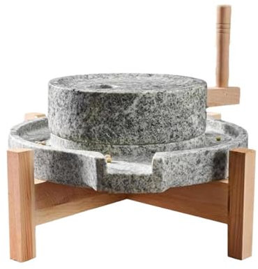 Manual Stone Mill, Household Hand Grain Grinder with Wooden Stand, Small Spice Pulverizer, Natural Smooth Bluestone Handmade Stone Mill, Hand Crank Wet/Dry Grain Mill for Barley, Spice(9.8x13.8inch)