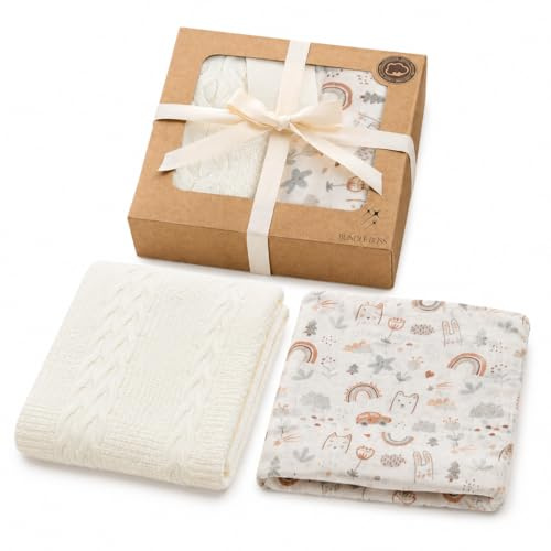 Bundle Bliss Baby Decke & Musselintuch Set aus 100% Bio-Baumwolle – Chemikalienfrei, Weich & Atmungsaktiv – Sanfte Kuscheldecke & Allzweck-Musselin für Neugeborene & Babys