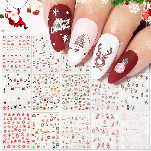 Nicedeco Pegatinas Para Uñas de Navidad 15 Hojas Autoadesiva 5D Nail Art Stickers Decoración Etiqueta Adhesivos para Decoraciones de Uñas de DIY