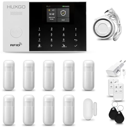 HUXGO® HXA005 Sistema di allarme casa senza fili con sirena WiFi + GSM 4G | Antifurto casa kit con 1x sensori di allarme per finestre/portes, 9x rilevatori di movimento | Lavora con TUYA