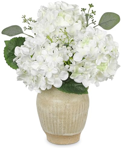 Briful 33CM White Hydrangea Artificial Flowers in Vase - Silk Hydrangea Realistic Gypsophila Fake Flowers with Rustic Ceramic Vase - 12.9 Faux Flowers for Centerpieces Table Home Decor