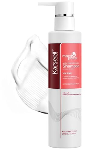 Karseell MACA CARE SYSTEM Champú Voluminizador Aceite de Argán Pantenol Volumen Cuerpo Limpieza Suave Cabello Fino Sin Volumen Brillo Ligereza Uso Diario Profesional Sin Sulfatos ni Parabenos 200ml