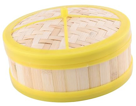 HOLIDYOYO Vaporera De Bambú Nivel Con Tapa 20 Cm, Cesta Pequeña De Bambú, Color Amarillo Con Borde De Plástico, Para Cocinar Bollos, Dim Sum, Verduras, Arroz Vaporera Doméstica Práctica