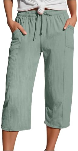 Generisch Leinenhose Damen Sommer 3/4 Musselin Hose Leicht Leinen Sommerhose Mit Taschen Causal Locker Caprihose Elastische Bequeme Stoffhose Sport Freizeit Strandhose
