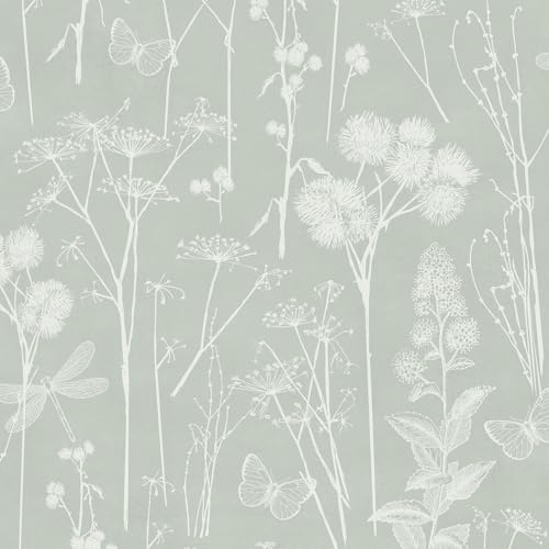 World of Wallpaper Botanical, Matte, Sage Green (AF0039) | Easy to apply wallcovering, Floral, Meadow Grasses, Butterflies, Dragonflies, Hallway, Study, Bedroom (10.05m x 53cm roll)