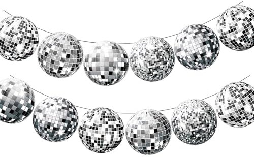 Ovanda Lot de 2 guirlandes décoratives disco argentées - Bannière décorative - Boule disco - Décoration de fête d'anniversaire disco - Bannière argentée - Accessoires de fête à thème disco - Boule