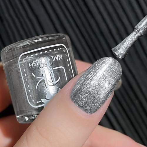 Silver Nail Polish - Glitter Chrome Varnish - Quick Dry & Long Lasting Shimmer Mermaid Nail Polish - Glossy Chip Resistant Breathable Metallic Silver Nail Varnish for Women DIY Manicure