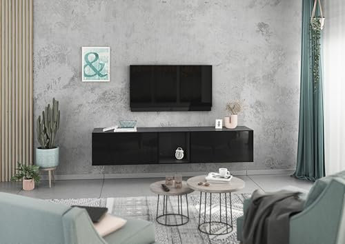 BMG Möbel Lowboard/Sideboard Set 3 teilig 190 cm bestehend aus 2X Schrank mit Klappen, Softclose Scharniere, 1x offenes Regal, wählbar in 8 Farbkombinationen (Anthrazit - Schwarz Hochglanz)