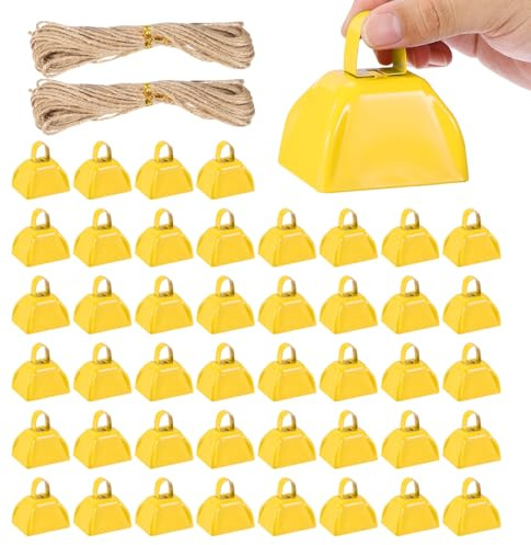 PATIKIL 48pcs Cow Bells for Football Games, 3 Inch Cowbells for Sporting Events Bulk Loud Noise Makers Metal Cow Bell with Rope for Cheering Wedding, Yellow
