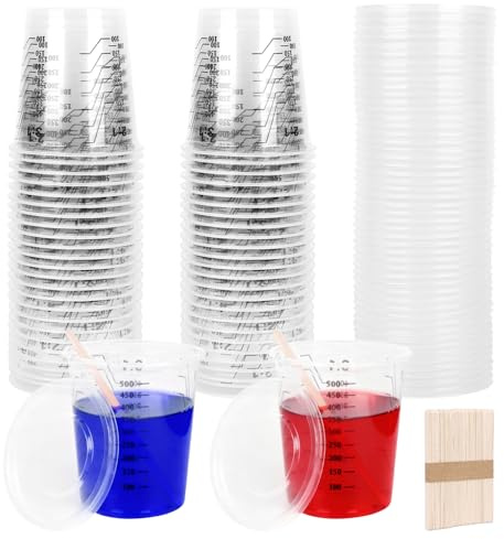 Blandningsglas för färg 50 st 600 ml mätkopp plastmått med träpinnar flytande blandning färg pigment (500 ml-50 st)