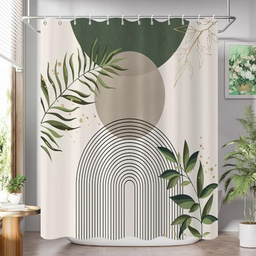 GCIREC Duschvorhang, 180x200cm, Salbeigrün Grau Beige Boho Mid Century Modern Abstrakt mit Minimalistischem Blatt Wasserdichter Stoff Maschinenwaschbarer Badezimmervorhang mit Haken