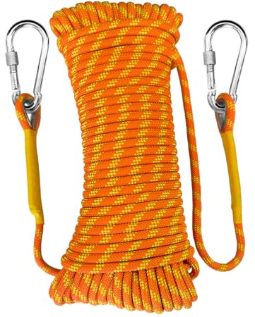 HUYEZybflt 12mm statisches Kletterseil 20m Set 2 Karabiner & Tasche | Hochfestes Nylon, UIAA-zertifiziert, geeignet für Rettung, Bergsteigen und alle Outdoor-Arbeiten, Fluorescent orange