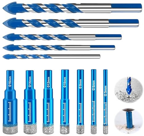 VZU 12 Stück 45# Stahl Fliesenbohrer Set, 7 Stück HSS-Bohrer 5/6/8/10/12/14/16mm und 5 Stück 6/8/10/12mm Dreiecksbohrer Set für Granit, Glas, Fliesen, Stahl, Beton, Keramik