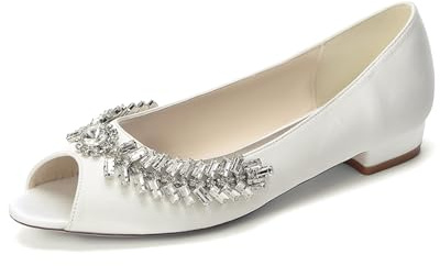 HFWXYSA Donna Punta Aperta Scarpe da Sposa Basse Ballerine Strass in Raso Scarpe da Damigella d'Onore,Avorio,39 EU