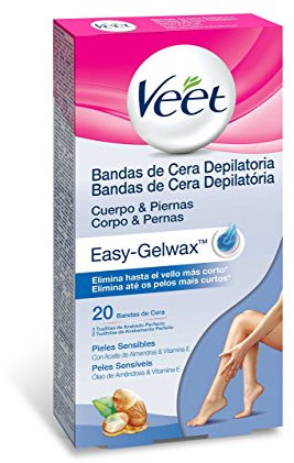 Veet Bandas de Cera Fria Depilatoria para Depilación de Cuerpo y Piernas con Aceite de Almendras, Easy Gelwax, Pieles Sensibles, 20 bandas
