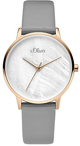 s.Oliver Damen Analog Quarz Uhr mit Leder Armband SO-3742-LQ, grau