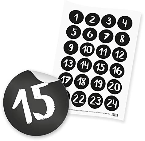itenga 24x Sticker Zahlen Adventskalender Geschenke Aufkleber Motiv Z30 - Ziffern von 1 bis 24 Schwarz Weiß