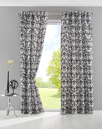 Gardinenbox 2er Set HxB 245x140 cm Vorhang Widseide Optik Weiß Schwarz Barock Blickdicht Flockfasern Deko Gemustert, Blickdicht mit verdecktem Schlaufenband, 20200-20210