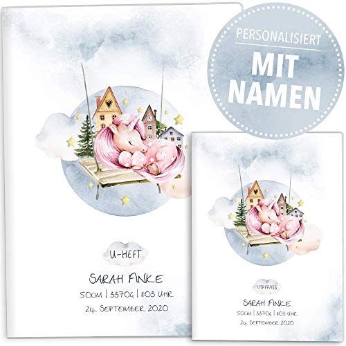 OLGS U-Heft und Impfpasshülle Set | Sleepy Mond und Sterne | Hüllen für Untersuchungsheft & Impfpass | personalisierte Geschenke Baby | Babygeschenk (Uheft, Impfpass Hüllen personalisiert, Einhorn)