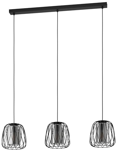 EGLO Pendelleuchte Floresta, 3 flammige Hängelampe, Hängeleuchte | aus Metall in Schwarz und Rauchglas in Schwarz-Transparent, Esstischlampe, Wohnzimmerlampe hängend mit E27 Fassung