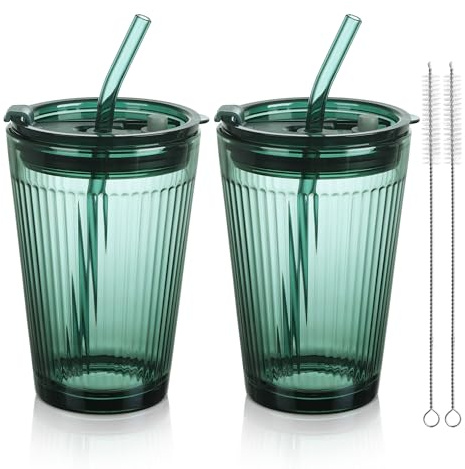 Joeyan 450ml Vaso de Vidrio con Tapa y Pajitas, Juego de 2 Taza de Agua Helada Sellado a Prueba de Fugas, Rayas de Cristal Verde, Taza de Viaje pare Café,Whisky,Batidos,Jugo, Apto para Lavavajillas
