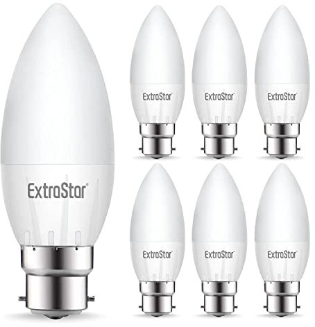 EXTRASTAR 4.9W B22 LED Bayonet Cap Candle Bulbs C37 Light Bulb, 41W Equivalent, Cool White 6500K Daylight Energy Saving, 480LM, Non-Dimmable, Pack of 6