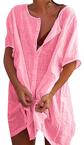 Svanco Copricostume Donna Mare Abiti Lunghi Estivi Camicia da Spiaggia Camicetta in Cotone Elegante Vestiti Corti Costumi da Bagno Bikini Cover Up per Piscina Mare Estate Vacanza(Rosa,XXL)