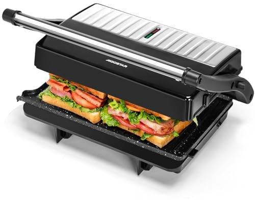 Aigostar York Pro - Sandwicheras y Panini, Parrilla Eléctrica, Grill con Placas Antiadherentes, 1000W, Apertura de 180º Dos Superficies de Cocinado de 23 x 14.5cm, Pinza de Cierre.