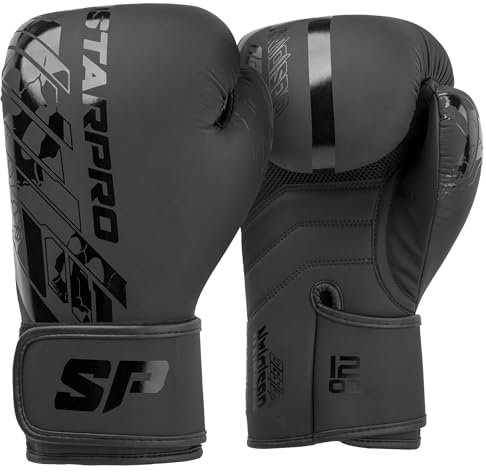 Starpro Guantoni da boxe Obsidian Nero Opaco - Pelle Fuax - Guanti da allenamento, sparring e kickboxing per uomini e donne - 8oz 10oz 12oz 14oz 16oz