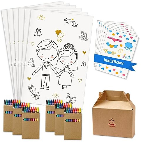 Hochzeitsmalbuch 6er Set, Gastgeschenke Hochzeit Kinder inkl. Buntstifte & Stickern, Hochzeit Kinder Beschäftigung Malbuch Hochzeit Gastgeschenke für Unterhaltung