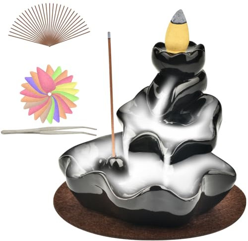 Holwim Rückfluss Räuchergefäß, Räucherwasserfall Räucherstäbchen Halter mit 20 Räucherkerzen Von Guter Qualität und 30 Räucherstäbchen für Meditation, Home, Zen,Yoga Room und Wohnzimmer Decor