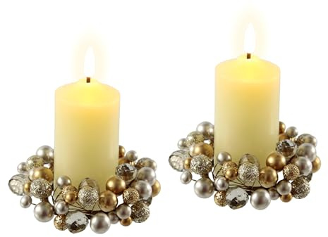 LED-Kerze aus Echtwachs mit Kranz 2er Set elektrische Kerze Warmweiß Stimmungslicht Lichter Dekoration Stumpenkerze große Adventskerzen Adventskranz Kranz romantisch Valentinstag, champagner, 2er Set