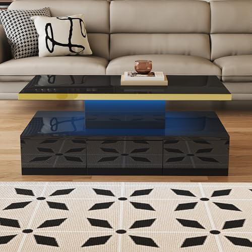 BTM Table Basse LED Via Bluetooth, Tiroirs et 2 étagères, Laque Haute Luminosité, Design Moderne Table Basse Salon, 100x50x39cm, Noir