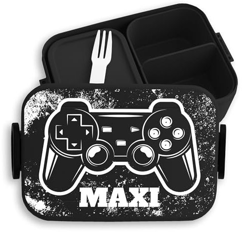 Kinder Bento Box Midi für Mepal Bentobox - Lunchbox Gaming mit Namen Brotbox Zocker Vesperdose cool Jungs I Controller I Gamer I Mädchen - 900 ml - Schwarz - kita brotdose junge geschenke nerds