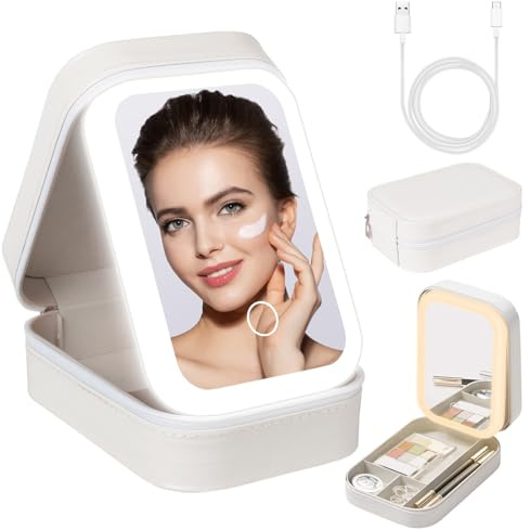 Trousse de Maquillage avec LED Miroir, Trousse de Maquillage de Voyage, Trousse de Maquillage Portable avec Séparateurs Ajustables, 3 Modes D'éclairage, Organisateur de Cosmétiques pour Femmes