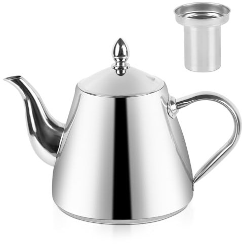 WENLISELL Stainless Steel Teapot, 1200ml Tea Maker with Strainer Filter, Silver Metal Tea Pot Infusers for Loose Tea