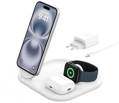 Belkin BoostCharge Caricabatteria magnetico pieghevole 3 in 1 con Qi2 da 15 W, caricatore rapido MagSafe per Apple iPhone 16/15, Apple Watch ed AirPods, base antiscivolo, alimentatore incluso, Bianco