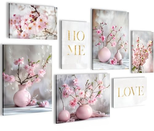 Novart Wandbilder Blumen Sakura - KOMPLETT AUFHÄNGFERTIG - Grau Rosa Wohnzimmer Schlafzimmer Flur - 7 Moderne Mood-Bilder - N029871a