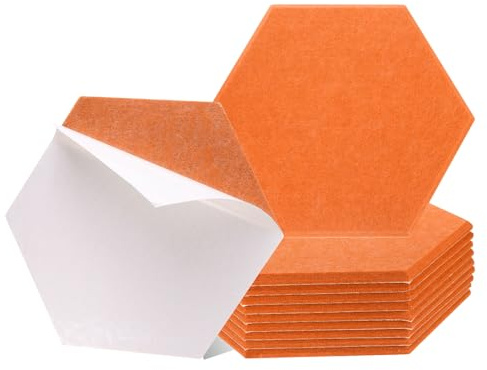 QUARKZMAN 12 Stück Hexagon Akustikplatten 30x26x0 9cm Gute (Orange Rot) | Selbstklebend Dichte Schalldämmung Akustikpaneele Wandpaneele Büro Tonstudio Wand Decken
