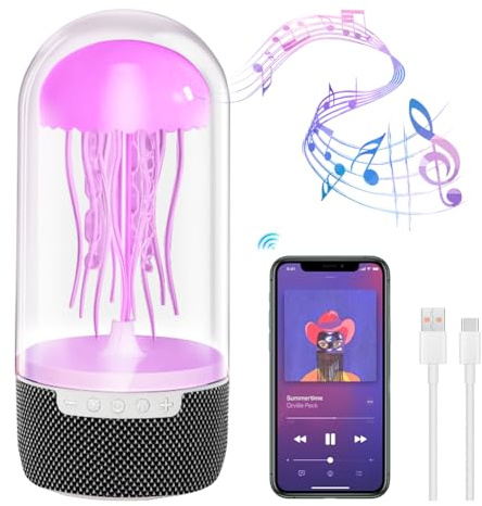 LED Quallen Lampe mit Bluetooth Lautsprecher + RGB Farbverlauf Jellyfish Licht, Kabelloser Tragbarer Aufladbarer Nachtlicht Für Schlafzimmerdekoration & Beruhigende Beleuchtung (USB-C Schnellladung)