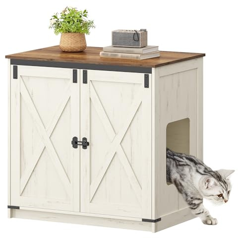 Hzuaneri Katzenklo Schrank, 80 cm Katzenschrank mit Stauraum, Braun-Weiß | Verstecktes, Katzenhaus mit Magnetischen, Bauernhausstil, 80 x 50 x 79,5 cm, Geeignet für Flur, Schlafzimmer, CB85414X