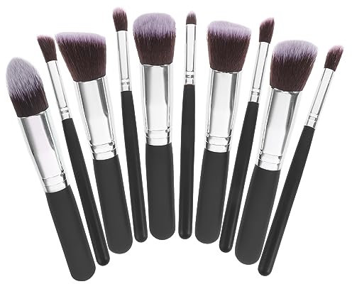 MUSISALY 10 Stück Make up Pinsel Synthetische Kabuki Pinsel Mit Dichter Borste Schwarz Silber Rot Kosmetikpinsel Für Foundation Blending Und Rouge Make up Zubehör Für Täglich Professionelle Anwendung