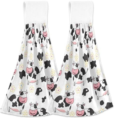 Juego de 2 toallas de mano personalizadas de vaca lechera blanca con trabillas para colgar, juego de 2 toallas de cocina suaves y absorbentes para otoño, 18.2 x 14 pulgadas