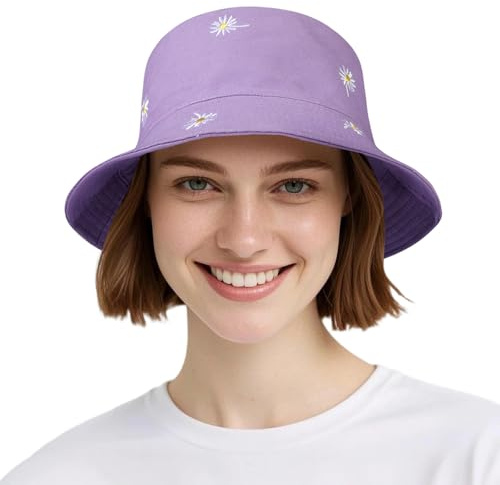 AYPOW Donna Cotone Reversibile Cappello da Pescatore Secchio Pieghevole Cappello da Sole, Moda Leggero UV Protezione Estivo Bucket Hat, Daisy Cappelli Pesca all'Aperto per Viaggi Spiaggia Campeggio