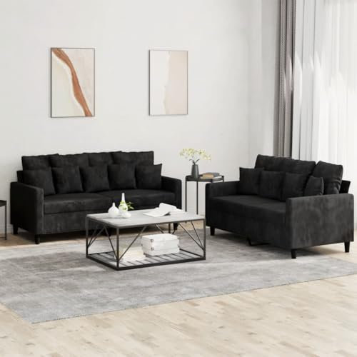 Homgoday 2-TLG. Sofagarnitur mit Kissen Sofa Couch Polstersofa Loungesofa Gästesofa Wohnzimmersofa Sitzmöbel Sofa für Wohnzimmer Büro Empfang Schwarz Samt