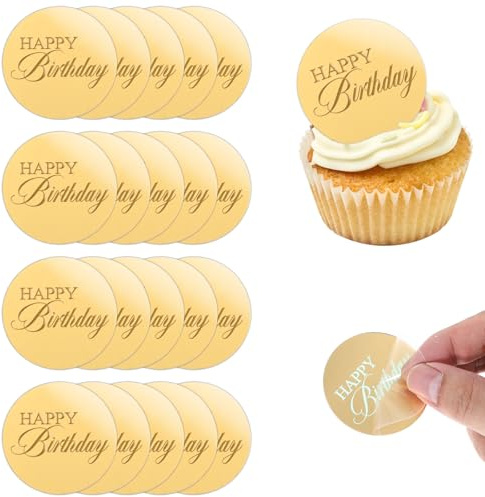 20Pcs Acrylic Cupcake Toppers, Round Gold Happy Birthday Cake Topper Happy Birthday Cake Disc for Birthdays Party Decor