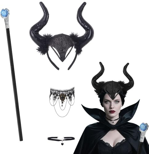 4er Königin Hörner Kopfbedeckung - Halloween Hörner Kopfschmuck mit Zauberstäbe & Gothic Spitze Halskette Schwarz Set,Teufelshörner Haareif Böse Königin Teufel Maleficent Kostüm Accessoires Damen
