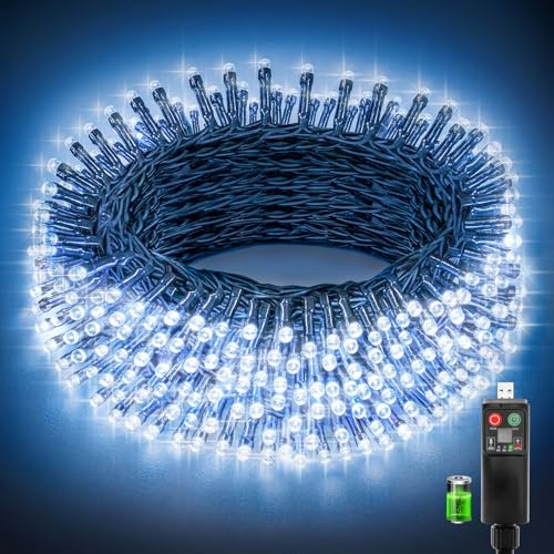 Luces Navidad Exterior, 20+3M 200LED Luces Arbol Navidad Recargables USB con 1200mAh Batería, 8 Modos, 3 Temporizadores, Función de Memoria, IP44 Impermeable Guirnalda Luce Exterior, Blanco Frío