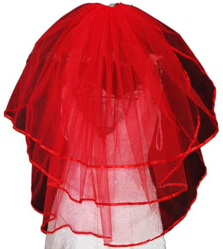 YUSHWENPTY Brautschleier Rot Halloween, Schleier mit Kamm, Roter Schleier, Cosplay Accessoires für Braut, Hochzeitsschleier Rot für Halloween, Karneval, Hochzeit